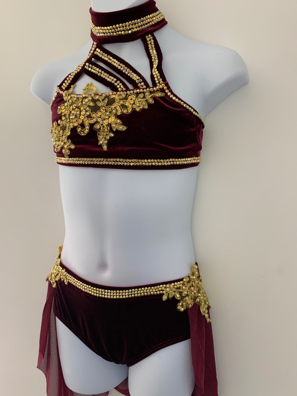 Child's Maroon Velvet Dance Costume: Gold Rhinestone Appliqués - Picture 4 of 7